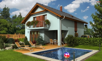 Mehrgeschossiges Haus mit Kamin und Satteldach.